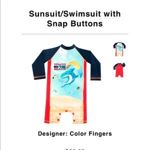 One piece swim suit with snap buttons.